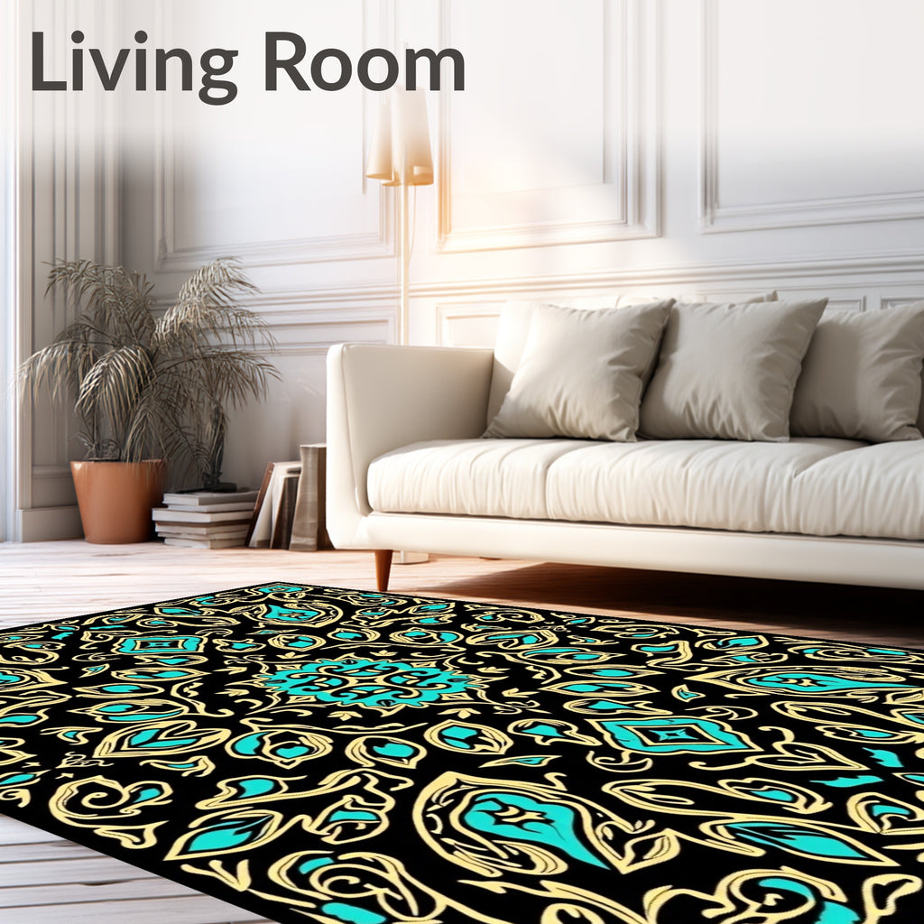 Bold Black Teal Floral Damask Rug
