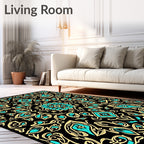 Bold Black Teal Floral Damask Rug