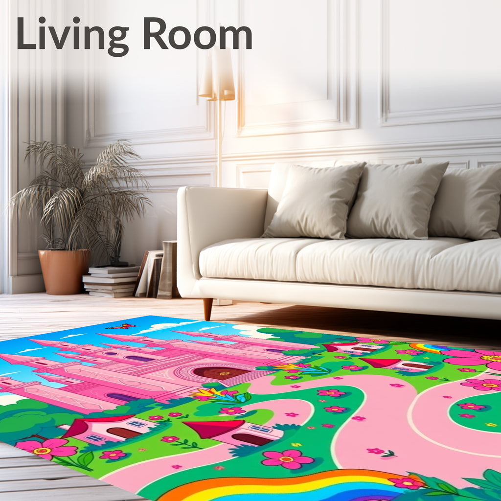 Pink Castle Butterflies Rainbow Flowers Rug