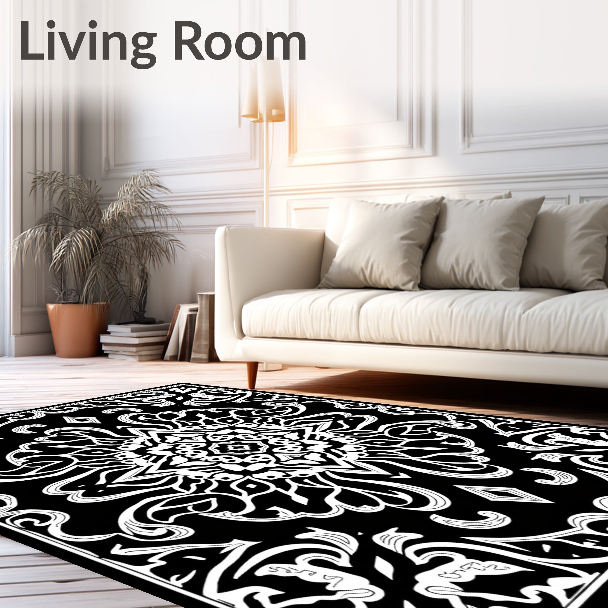 Monochromatic Black White Intricate Floral Medallion Rug