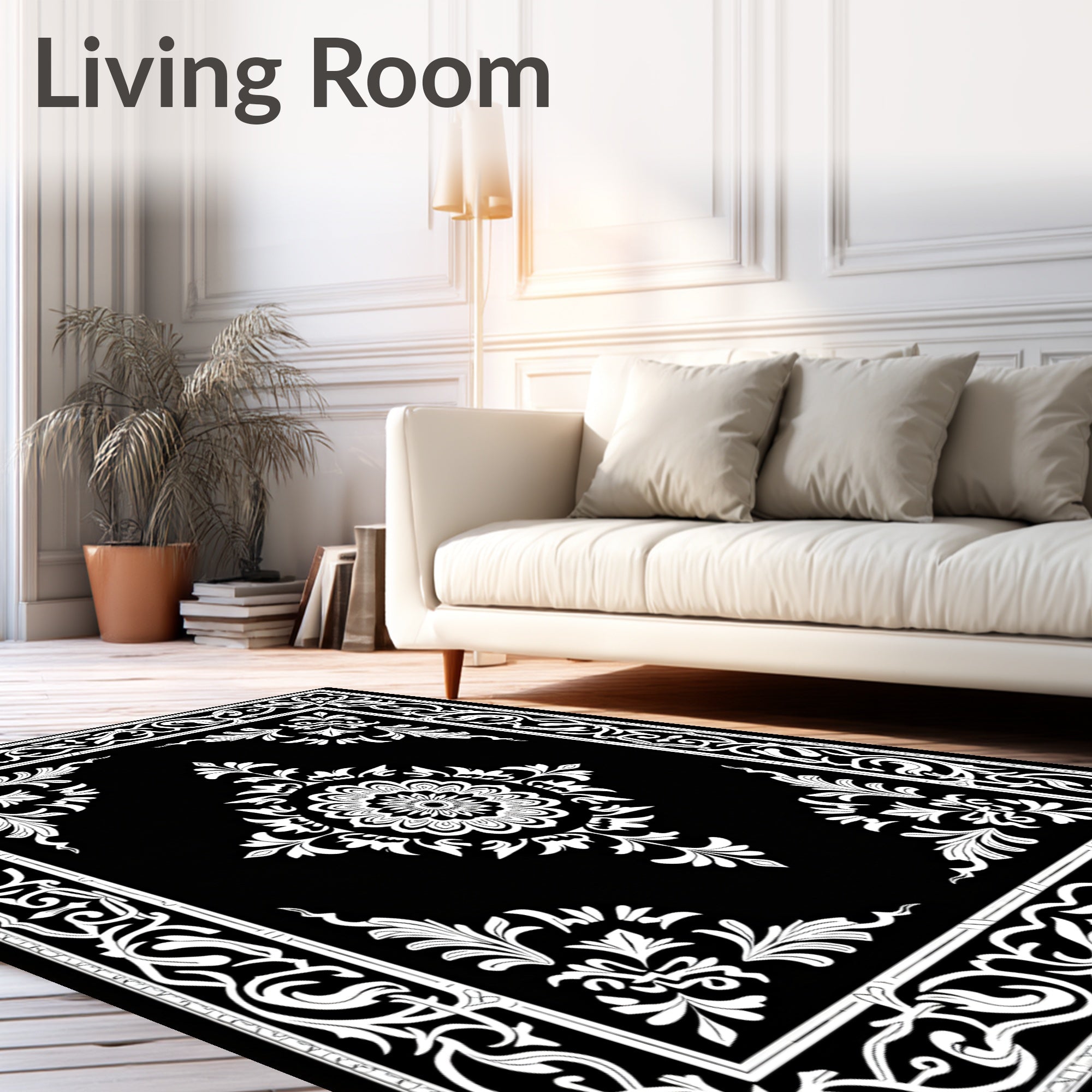 Ornate Black and White Inlay Blooms Rug