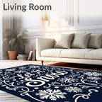 Dark Blue White Snowflake Calligraphy Rug