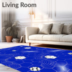 Vibrant Blue Soccer Hexagon Balls Rug