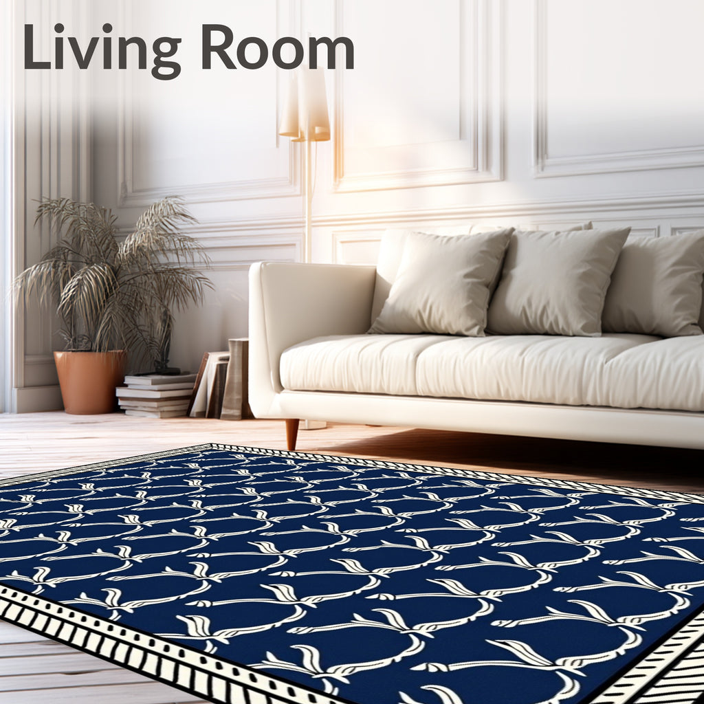 Navy Blue White Floral Vine Repeat Rug