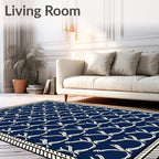 Navy Blue White Floral Vine Repeat Rug