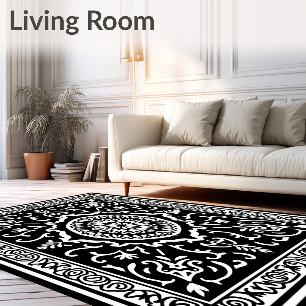 Black White Ornamental Scrollwork Rug