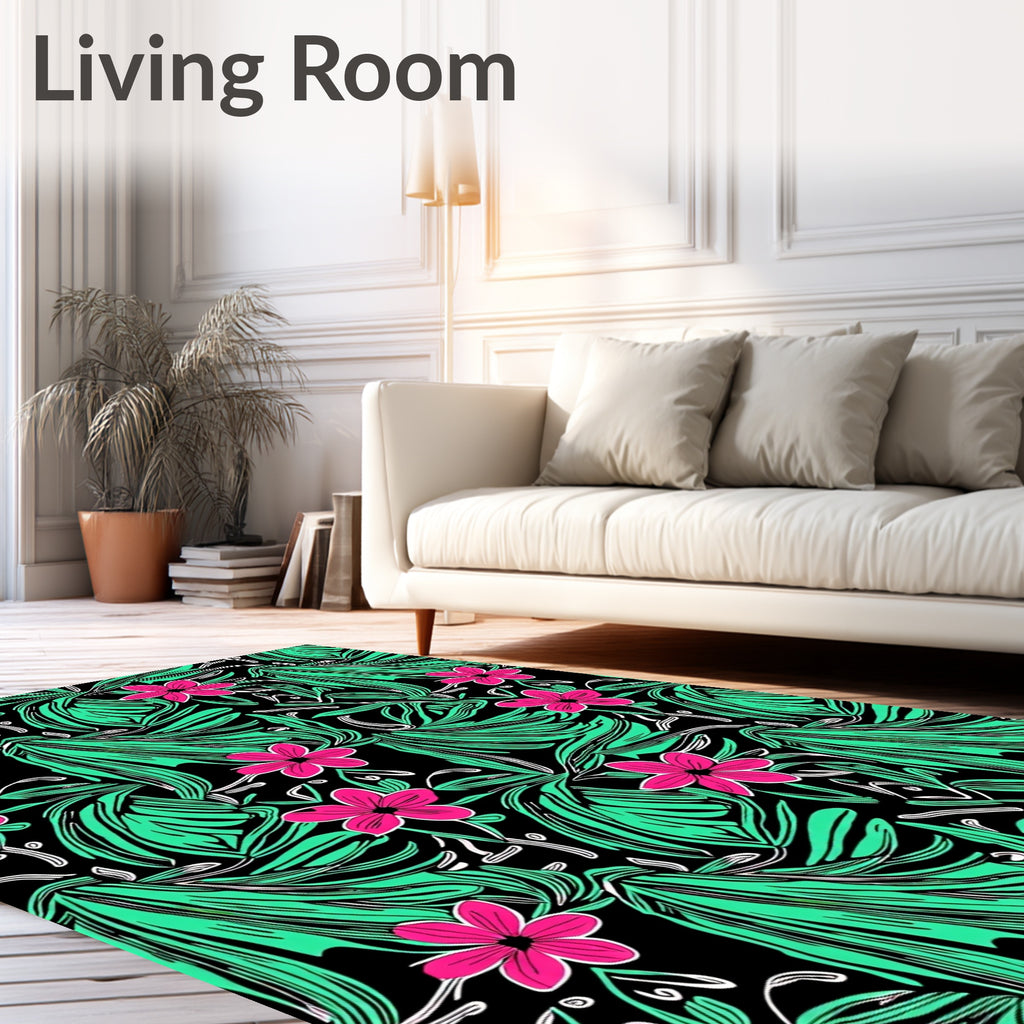 Bold Pink Floral Teal Leaf Black Rug