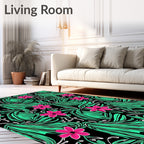Bold Pink Floral Teal Leaf Black Rug