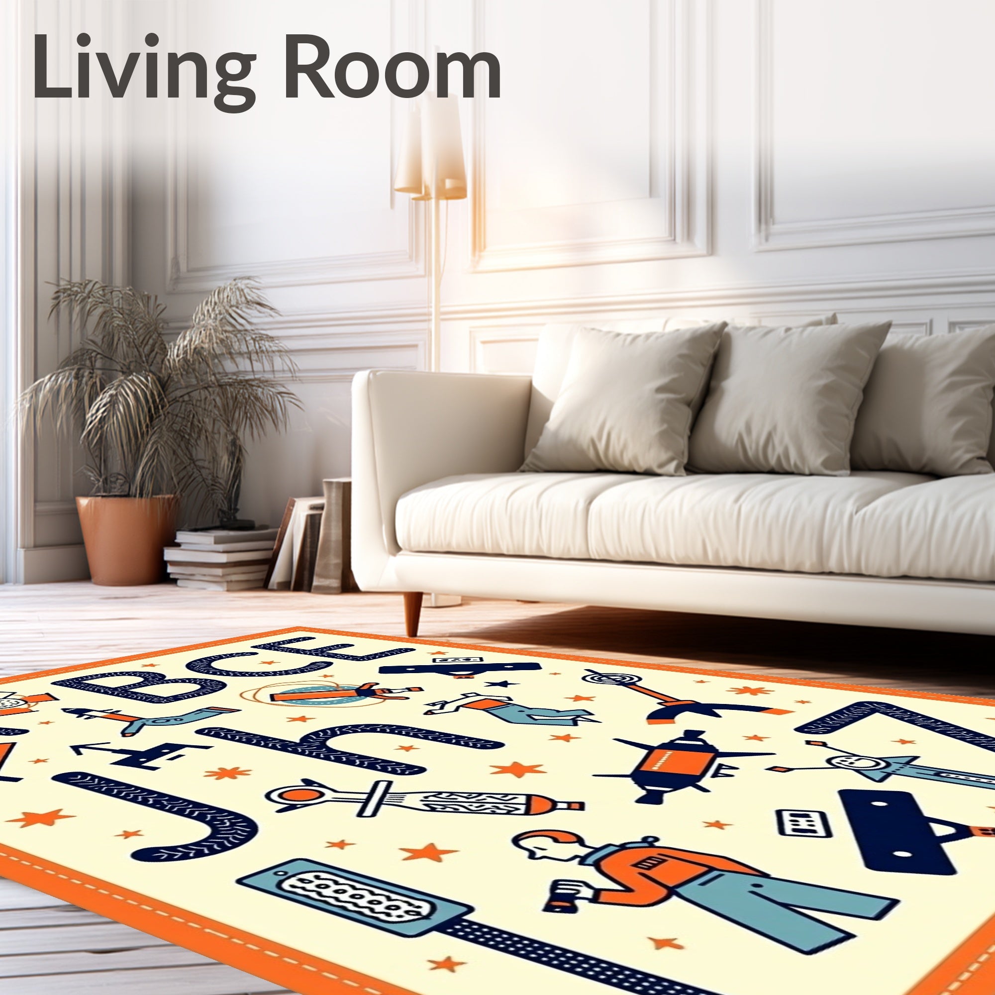 Cosmic Alphabet Orange Blue Rocket Rug