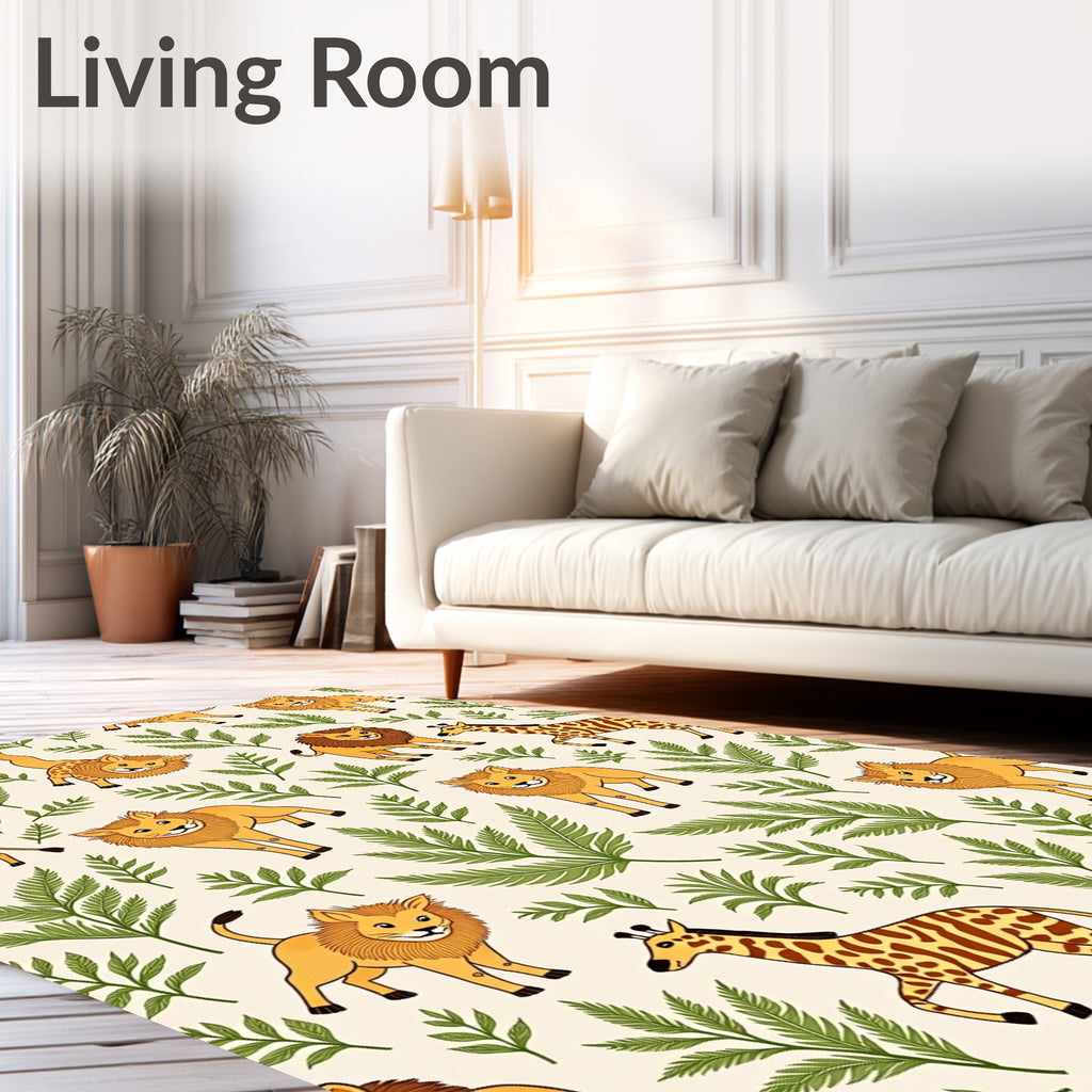 Playful Lions Giraffes Green Foliage Rug