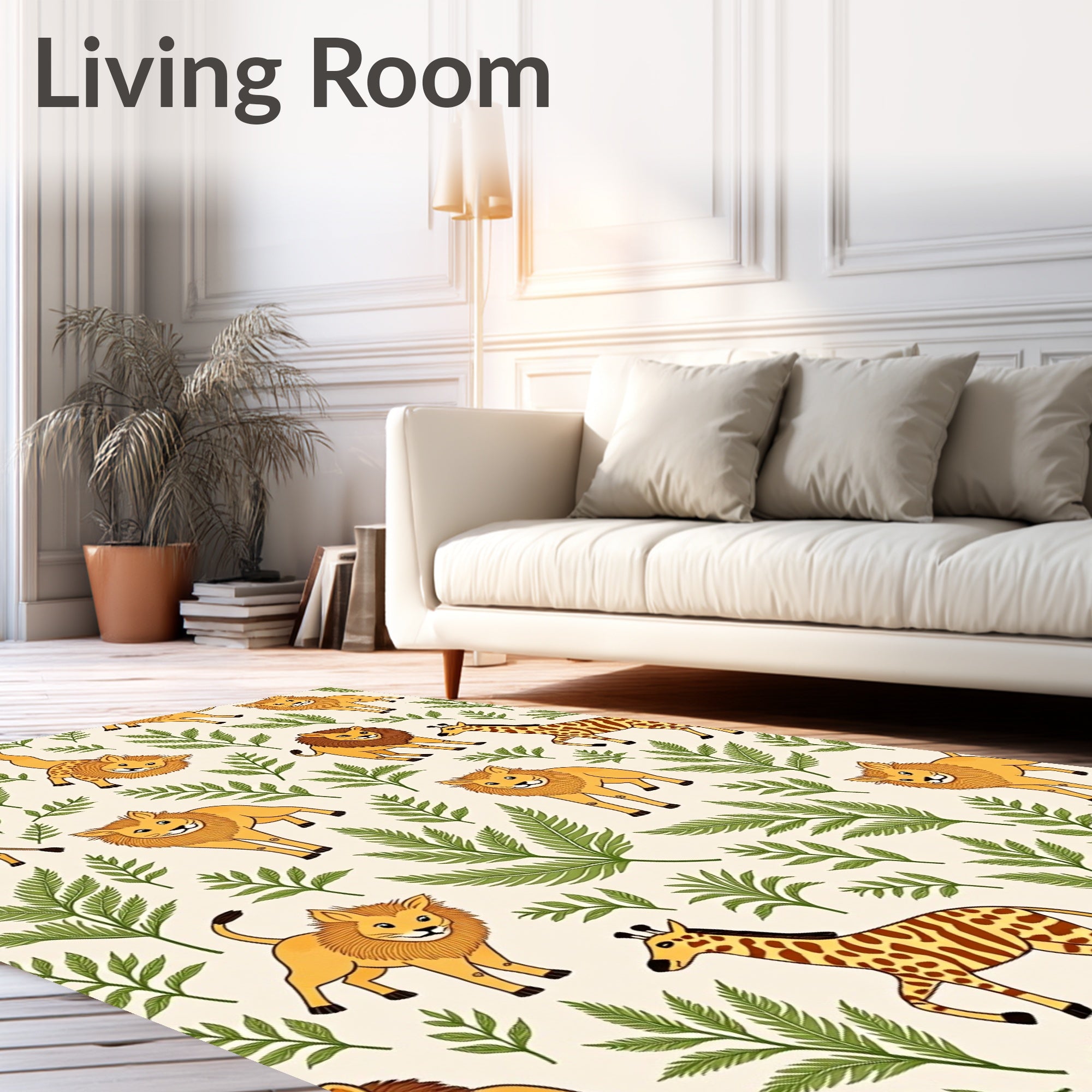 Playful Lions Giraffes Green Foliage Rug