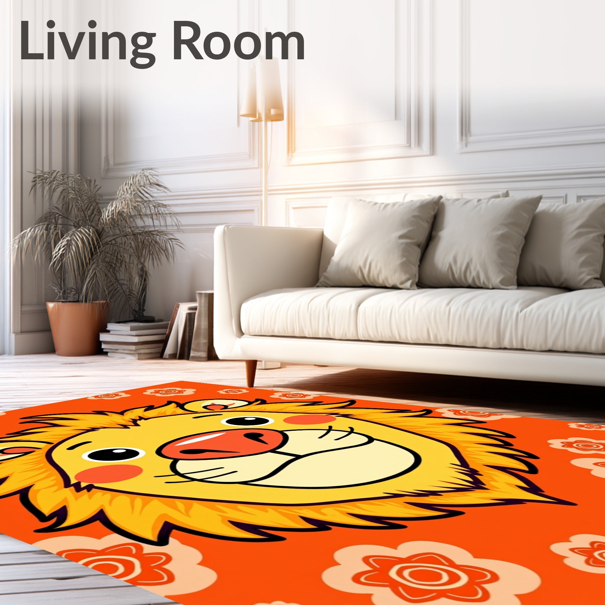 Orange Floral Happy Lion Rug