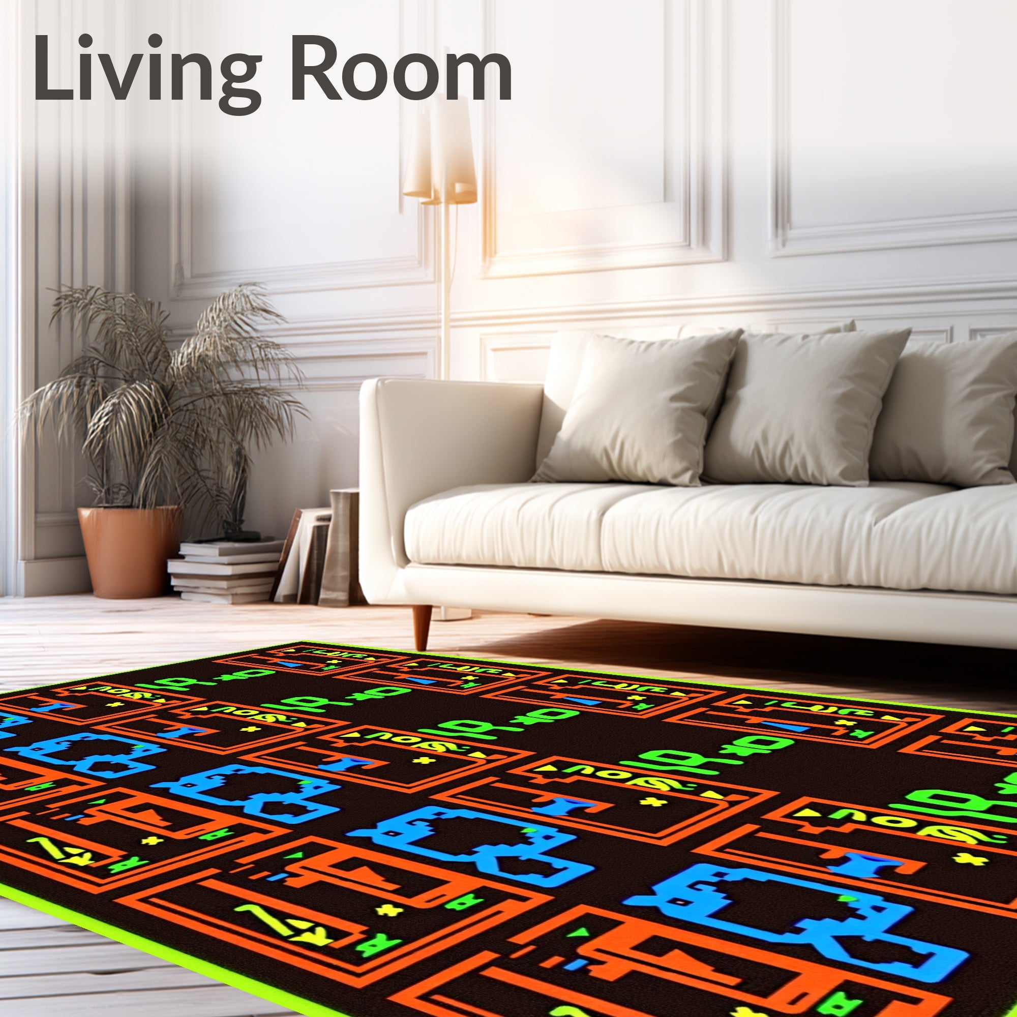 Vibrant Neon Orange Blue Geometric Squares Rug