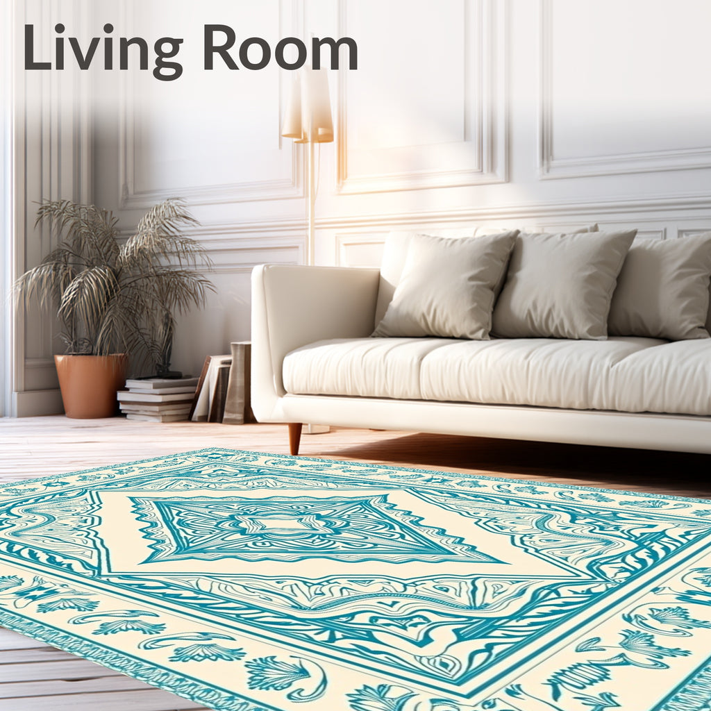 Luminous Teal Diamond Floral Frame Rug