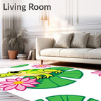 Cute Green Frog Pink Lotus Garden Rug