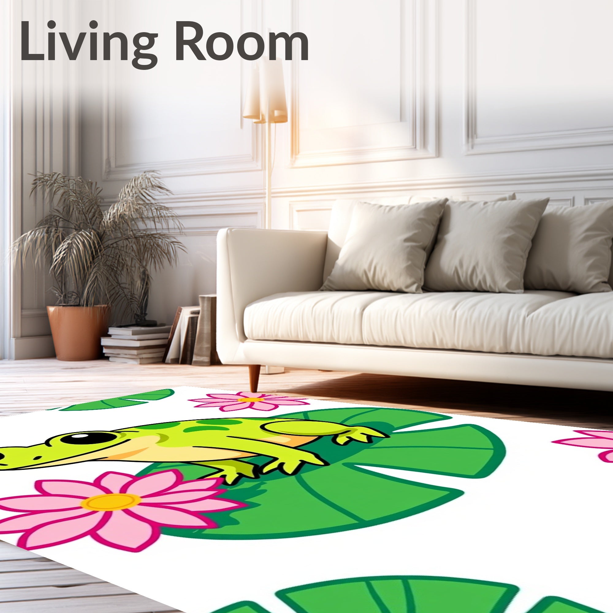 Cute Green Frog Pink Lotus Garden Rug