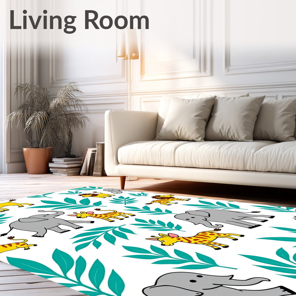 Cute Safari Animals Green Leaves Rug