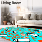Cute Penguin Floral Whimsical Cyan Rug