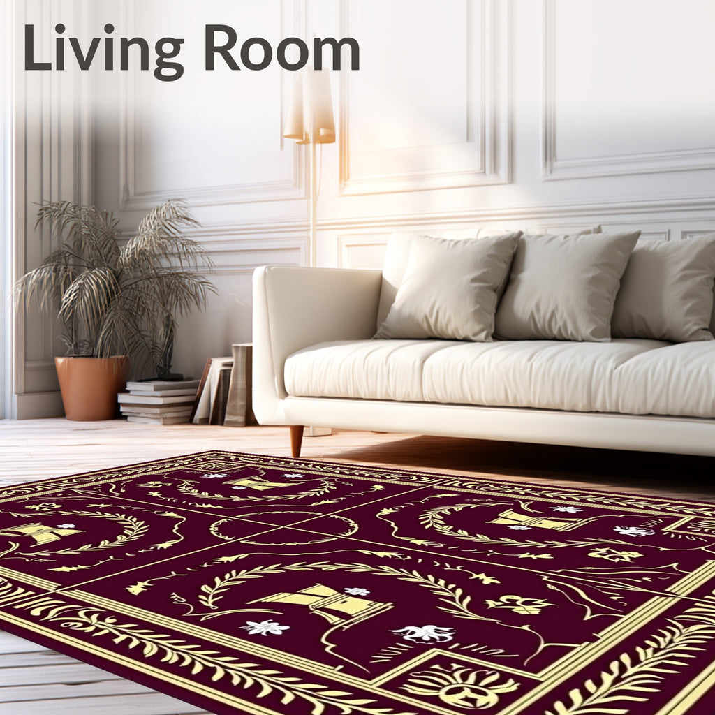 Ornate Crimson Golden Floral Border Rug