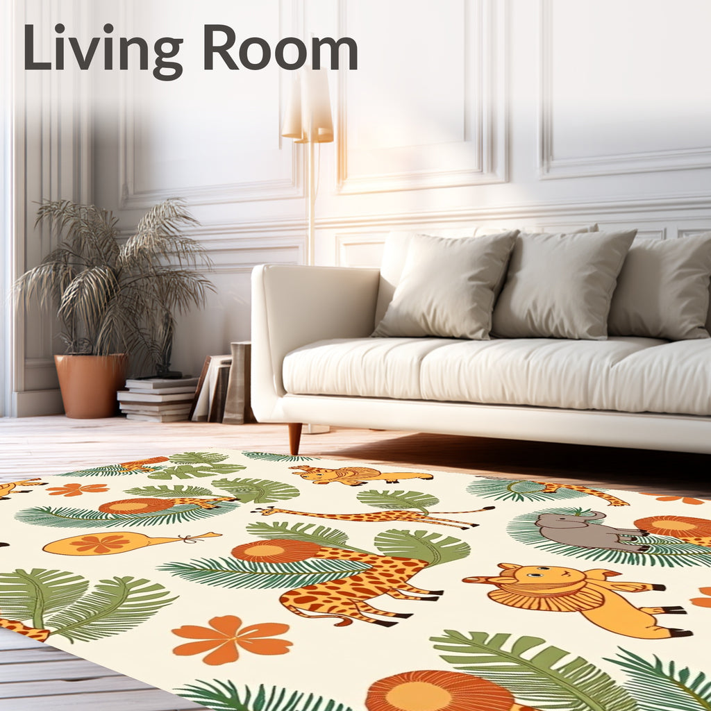 Whimsical Safari Animals Tropical Leaves Rug