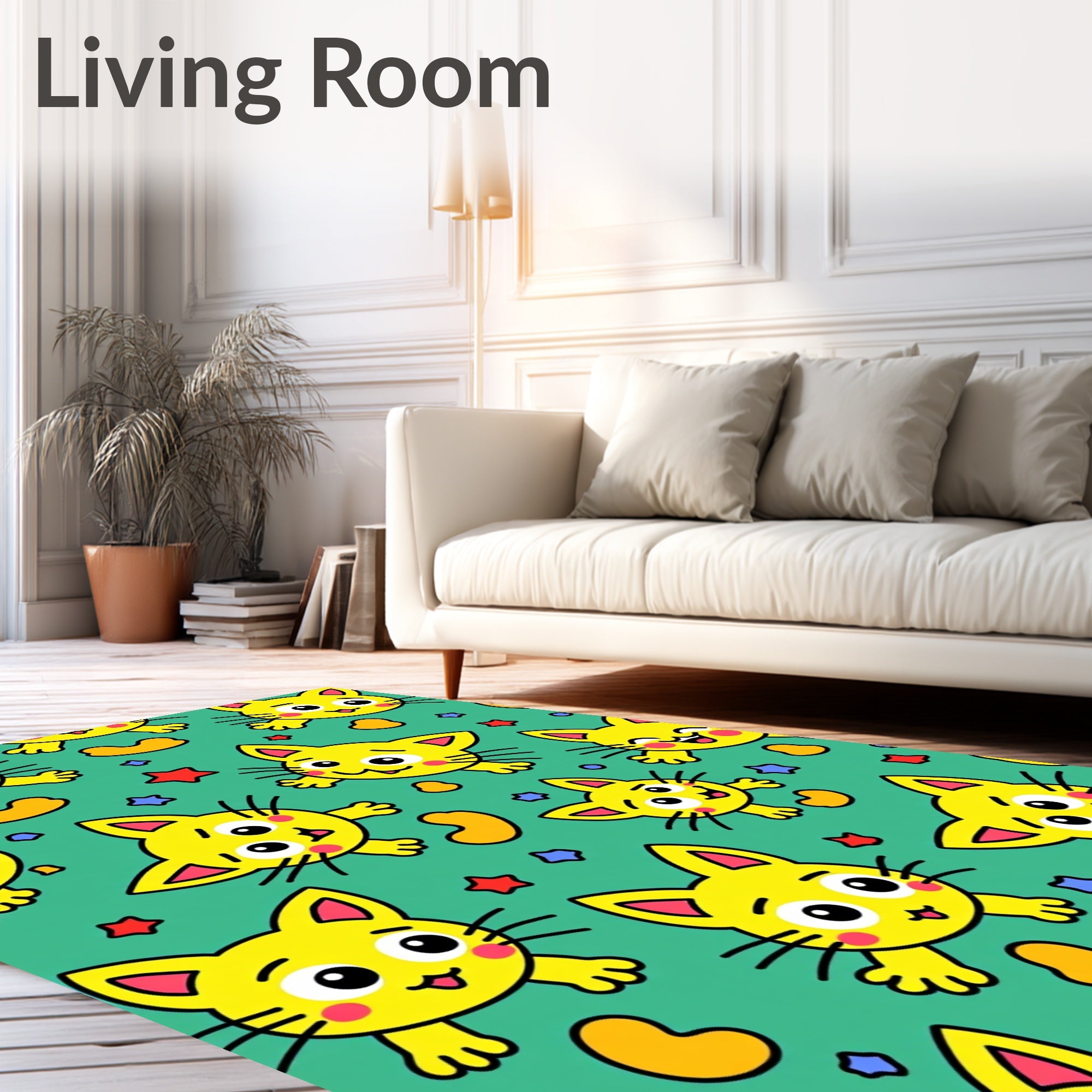 Playful Yellow Kittens Stars Beans Green Rug