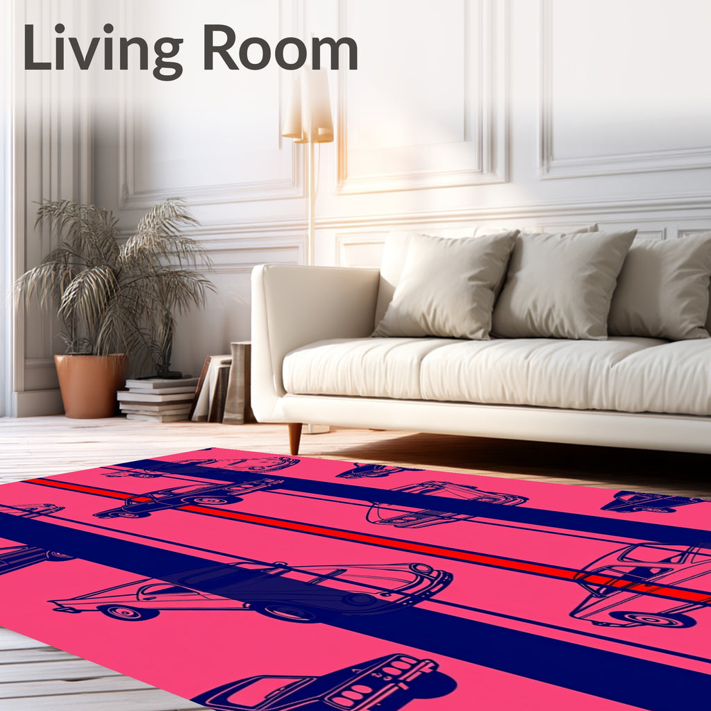 Retro Cars Pink Navy Stripe Rug