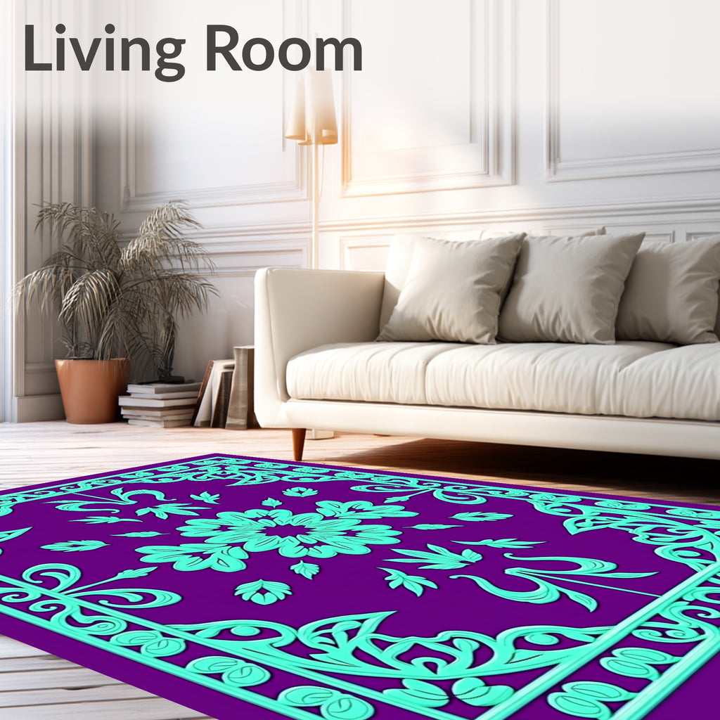 Majestic Purple Teal Floral Frame Rug