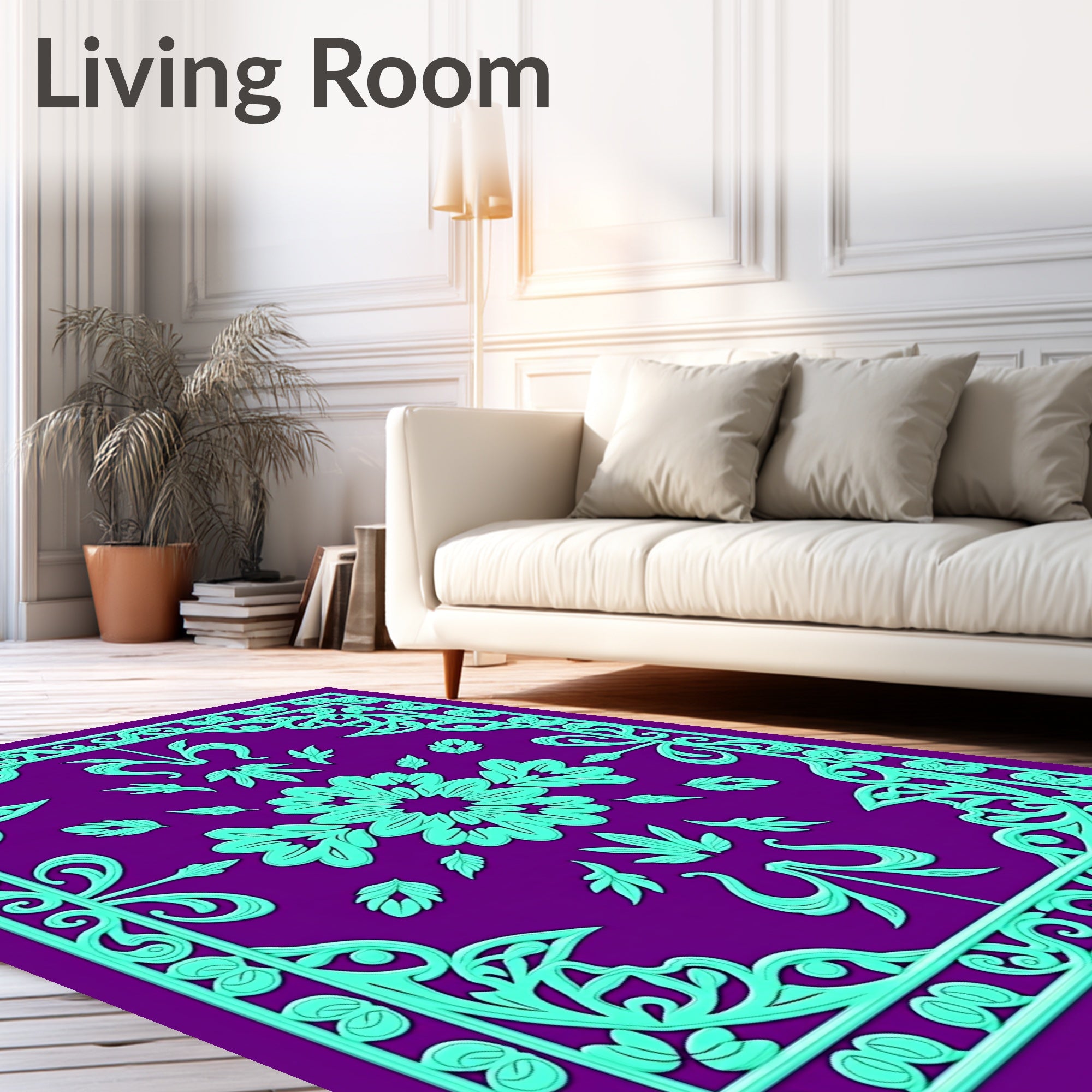Majestic Purple Teal Floral Frame Rug