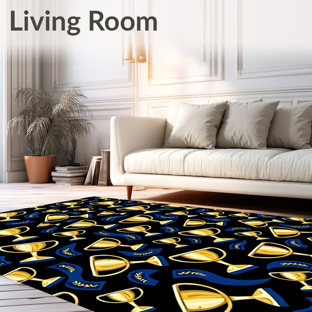 Golden Trophies Blue Ribbons Rug