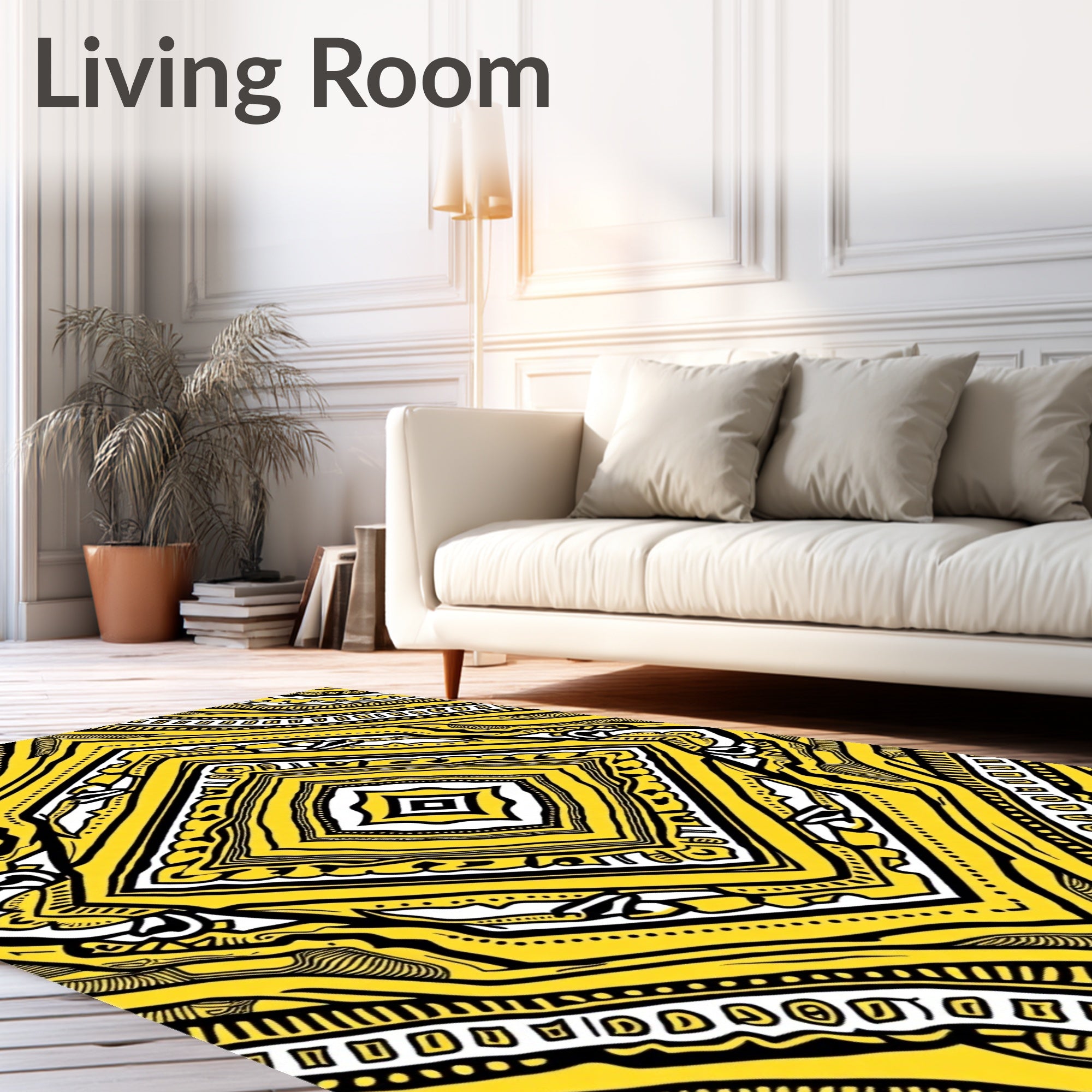 Vibrant Yellow Black Diamond Medallion Rug