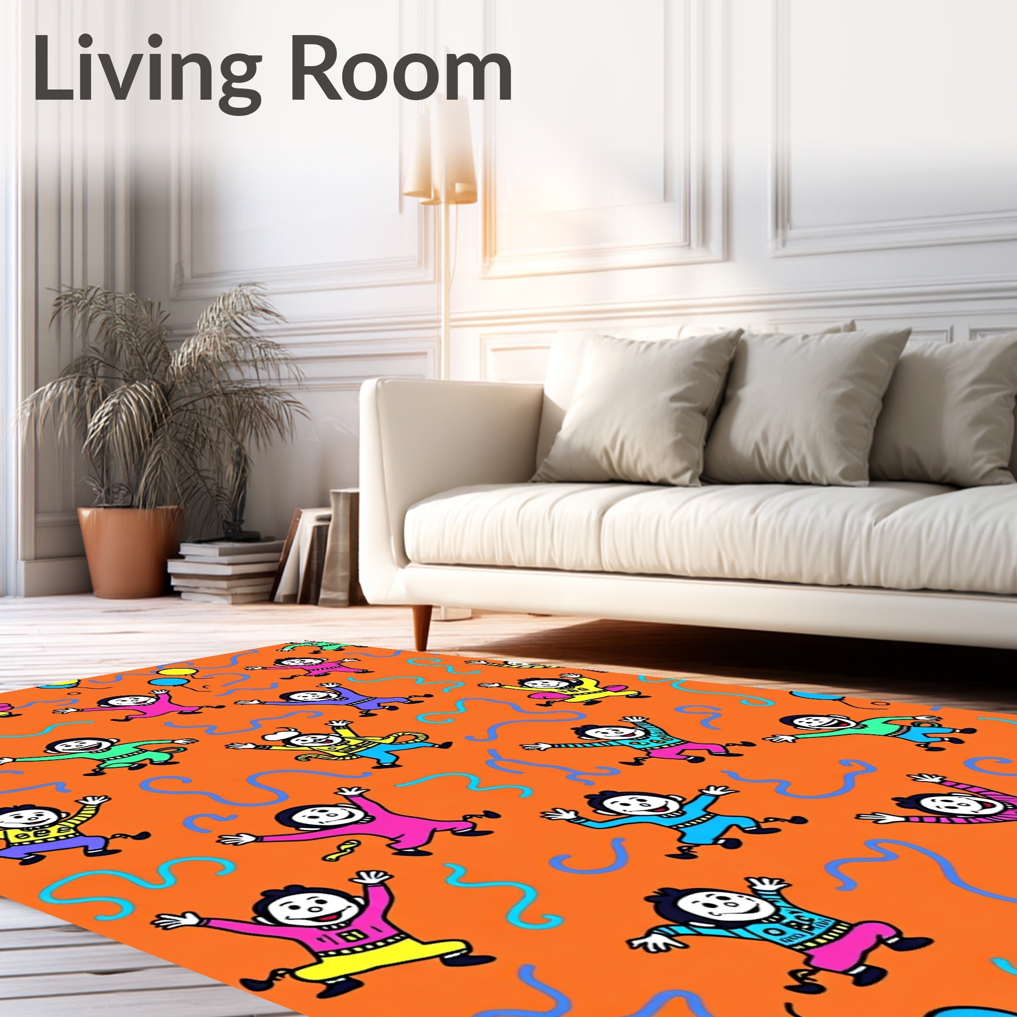 Happy Jumping Figures Orange Background Rug