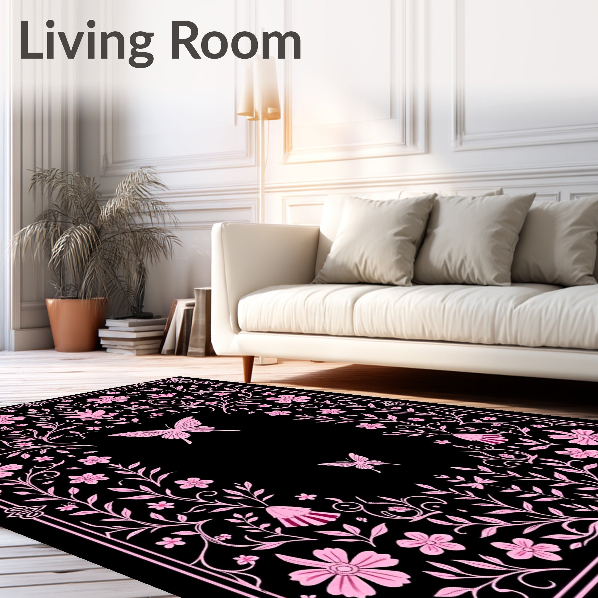 Whimsical Pink Butterfly Floral Border Rug