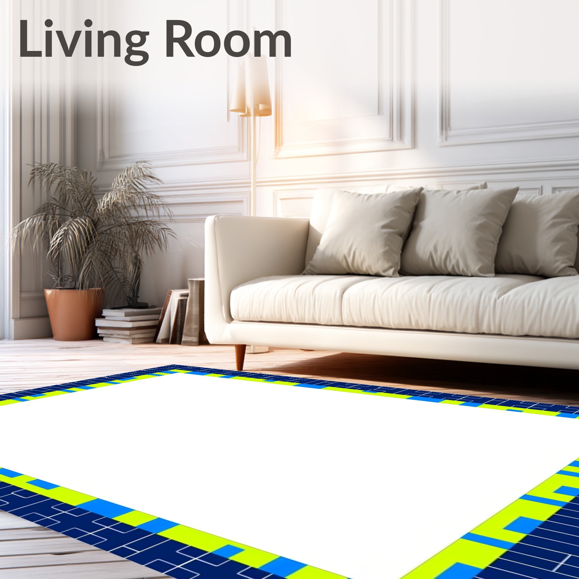 Navy Blue Geometric Blocks Border Rug
