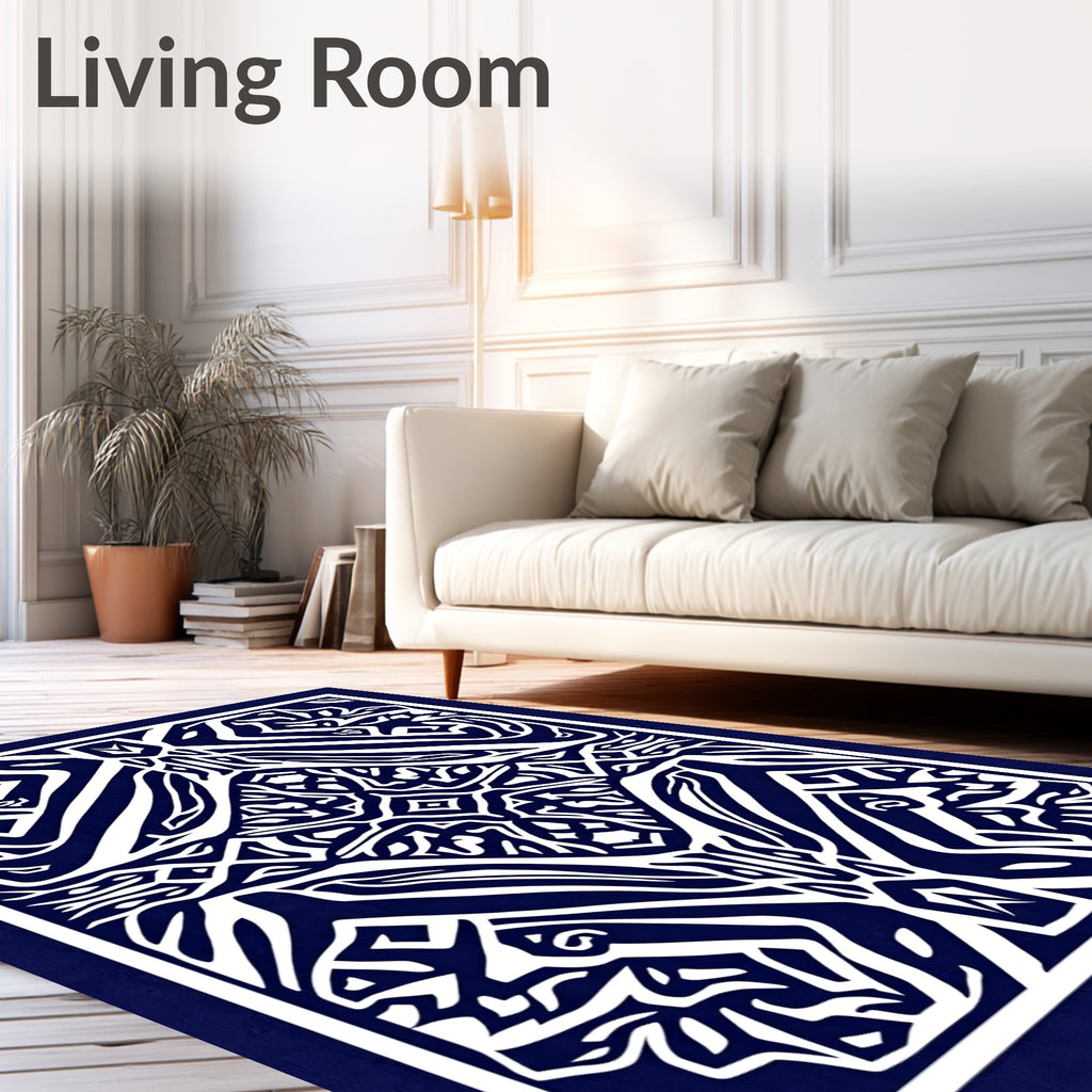Deep Blue White Tribal Abstract Medallion Rug