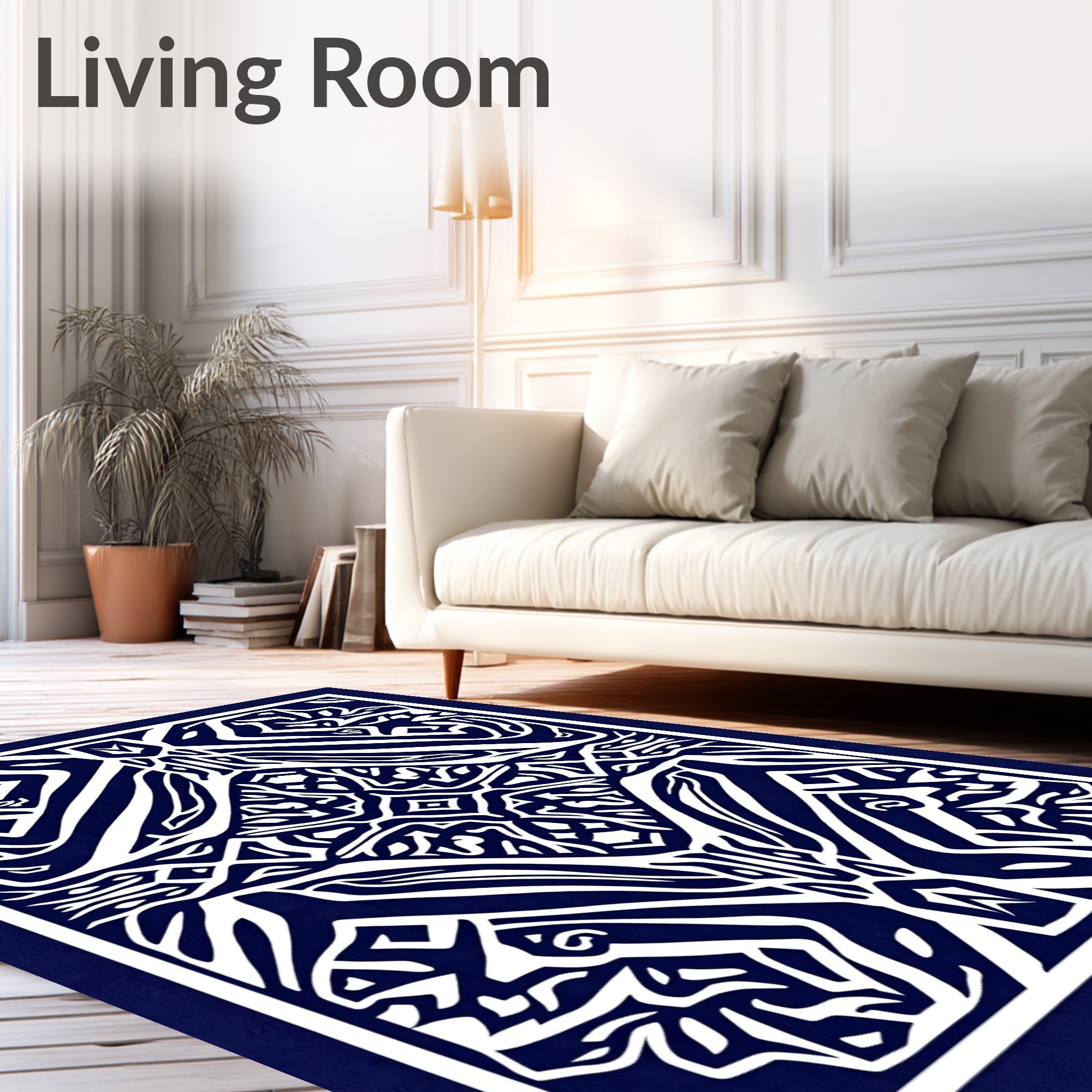 Deep Blue White Tribal Abstract Medallion Rug