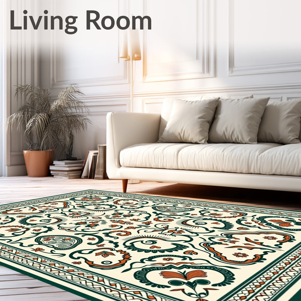 Cream Orange Dark Green Folk Art Rug