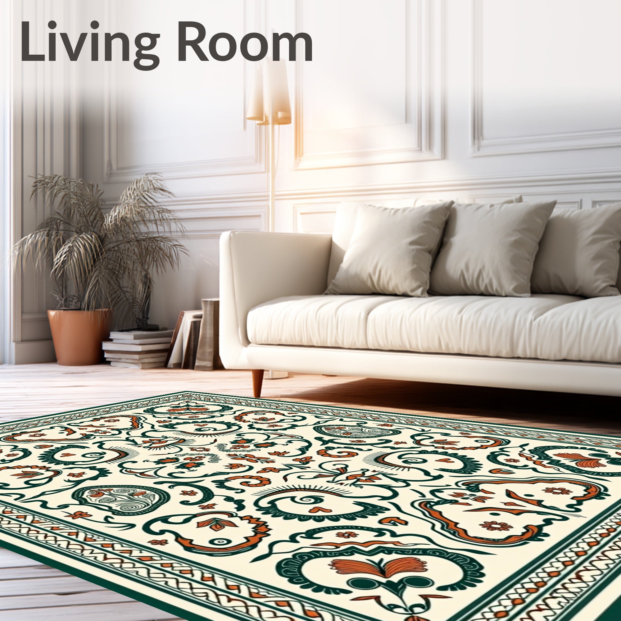 Cream Orange Dark Green Folk Art Rug