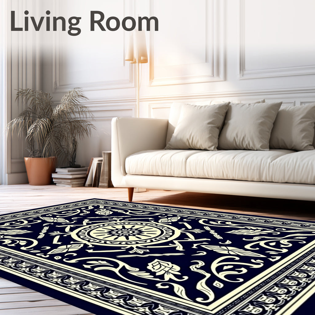 Dark Blue Cream Classic Floral Medallion Rug