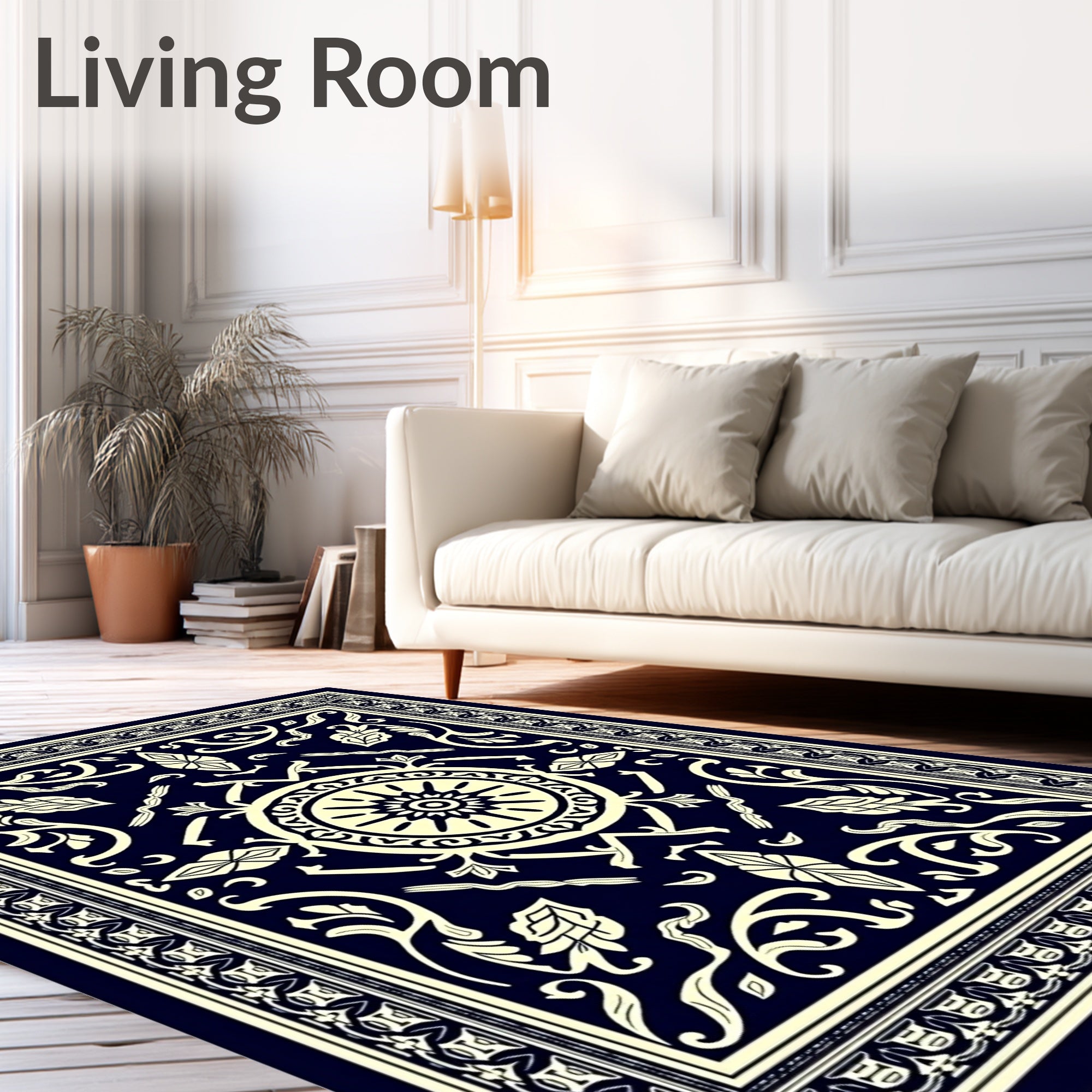 Dark Blue Cream Classic Floral Medallion Rug