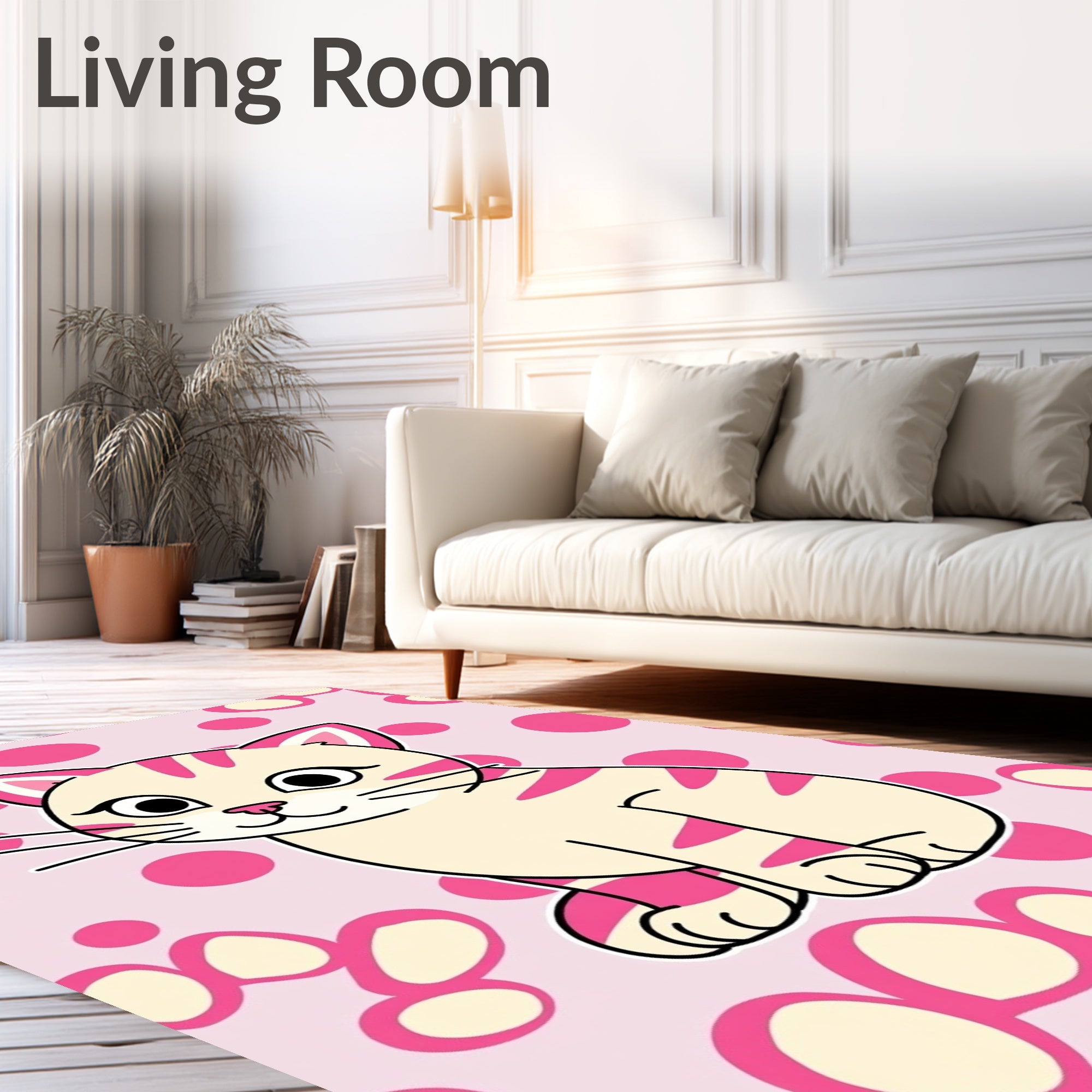 Sweet Pink Striped Kitten Polka Dot Rug