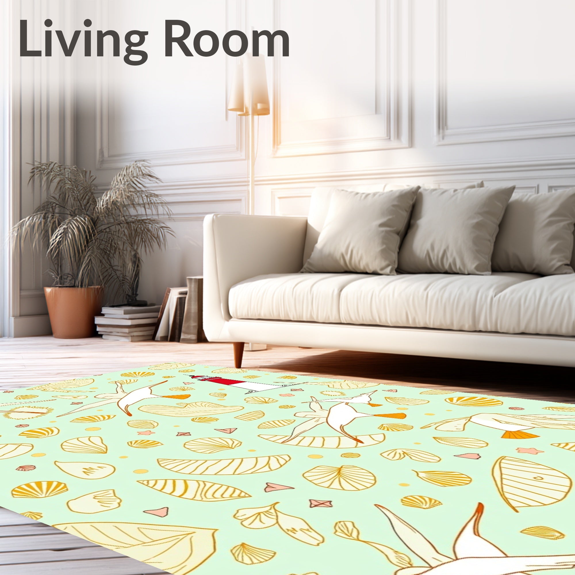 Seagulls Lighthouse Shells Seafoam Green Rug