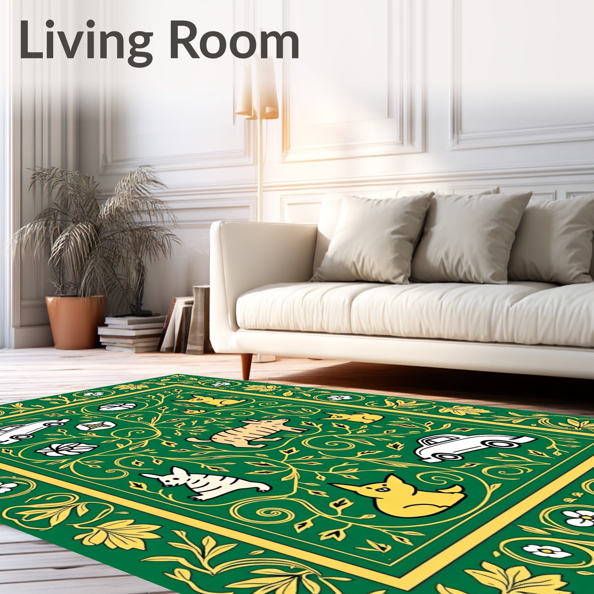 Emerald Green Botanical Animal Autos Rug