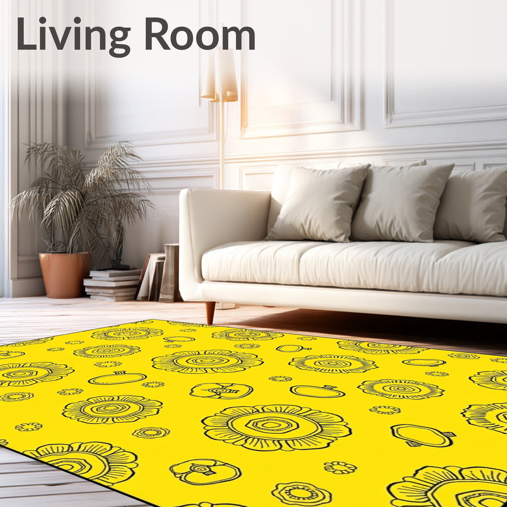 Hand Drawn Yellow Floral Medallion Arrangement Rug