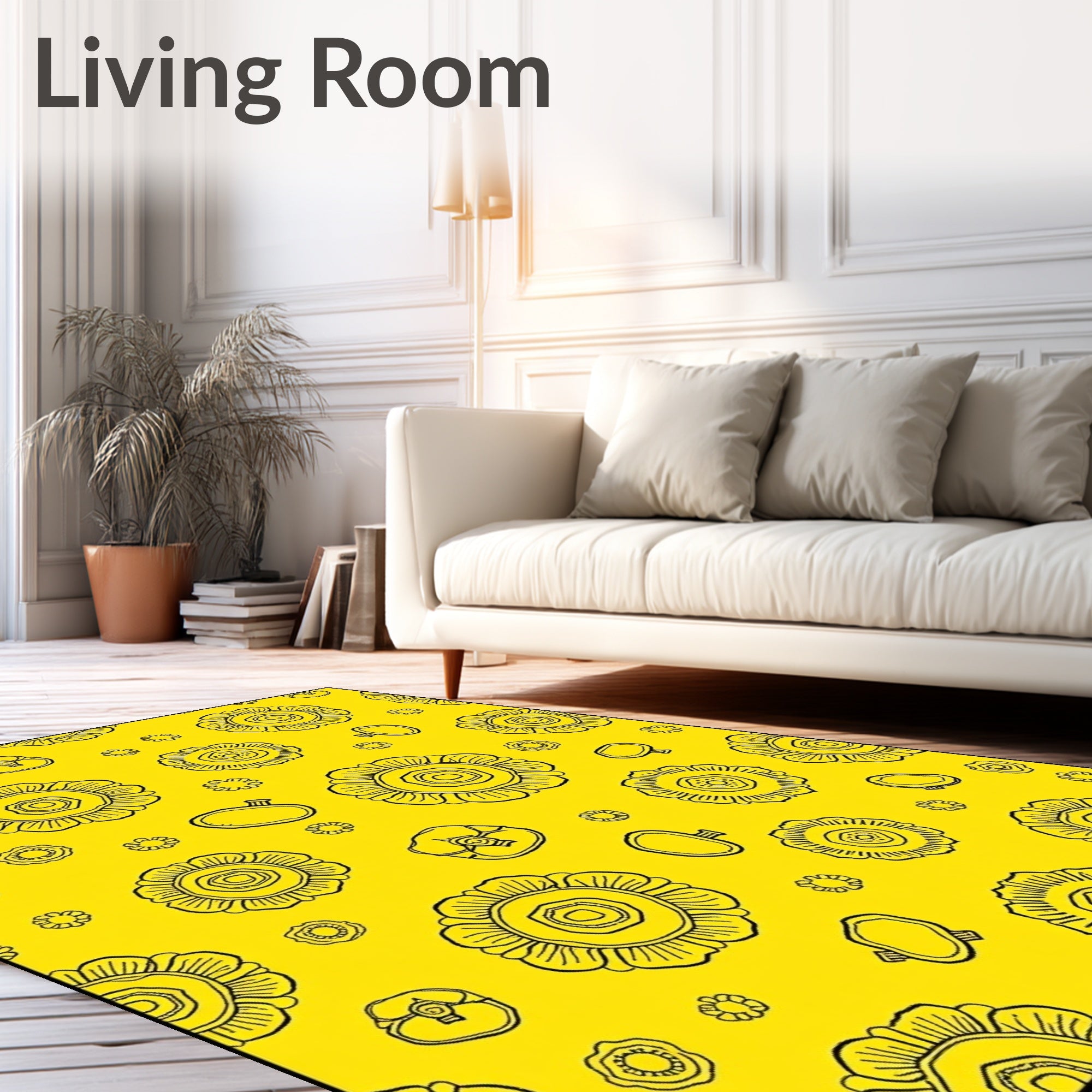 Hand Drawn Yellow Floral Medallion Arrangement Rug