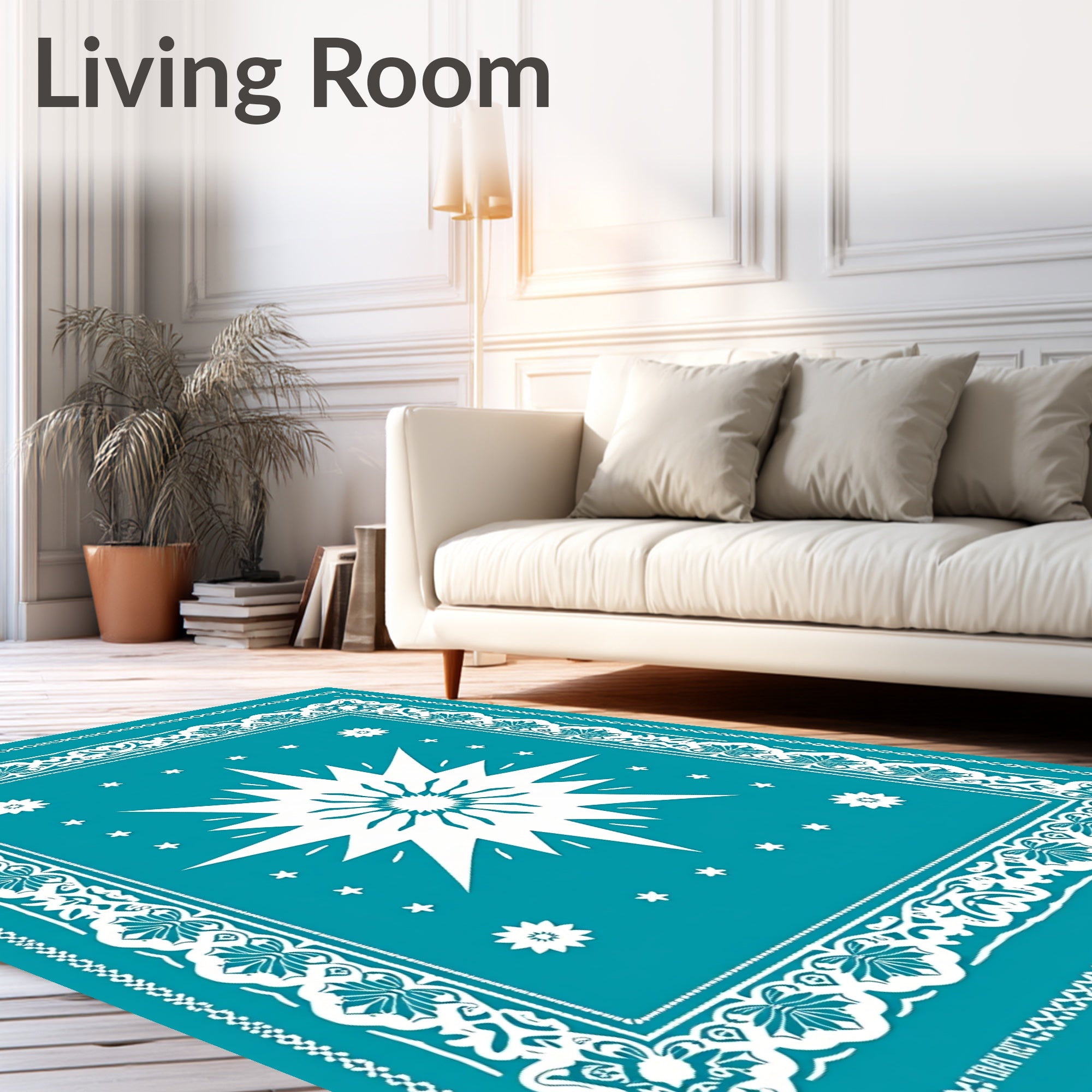 Vibrant Teal Starburst Floral Border Rug