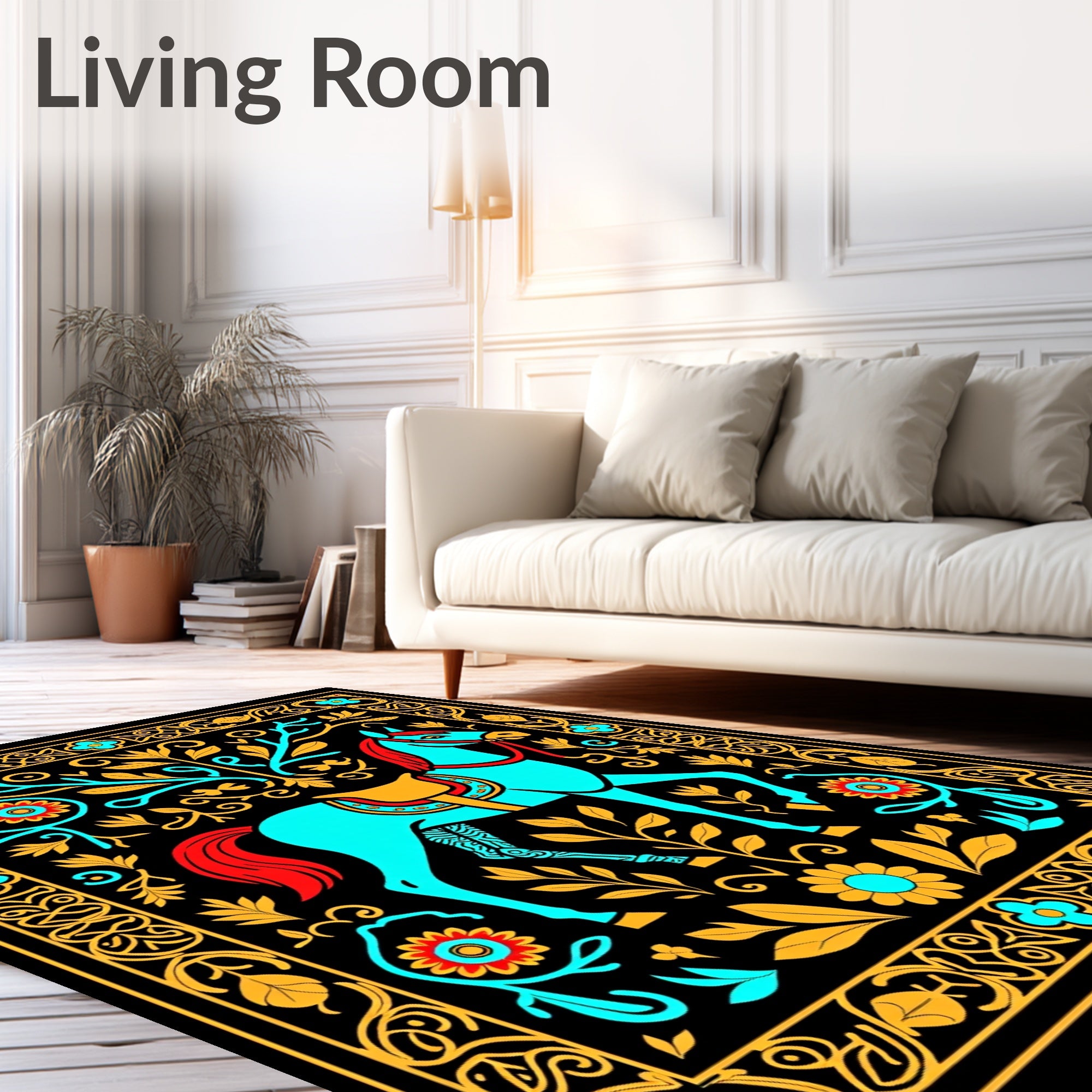 Aqua Horse With Red Mane Gold Border Rug