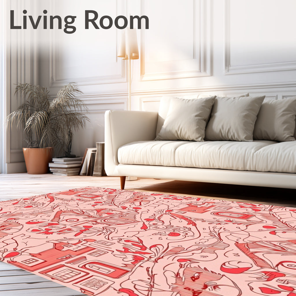Whimsical Red Village Sketch Rug
