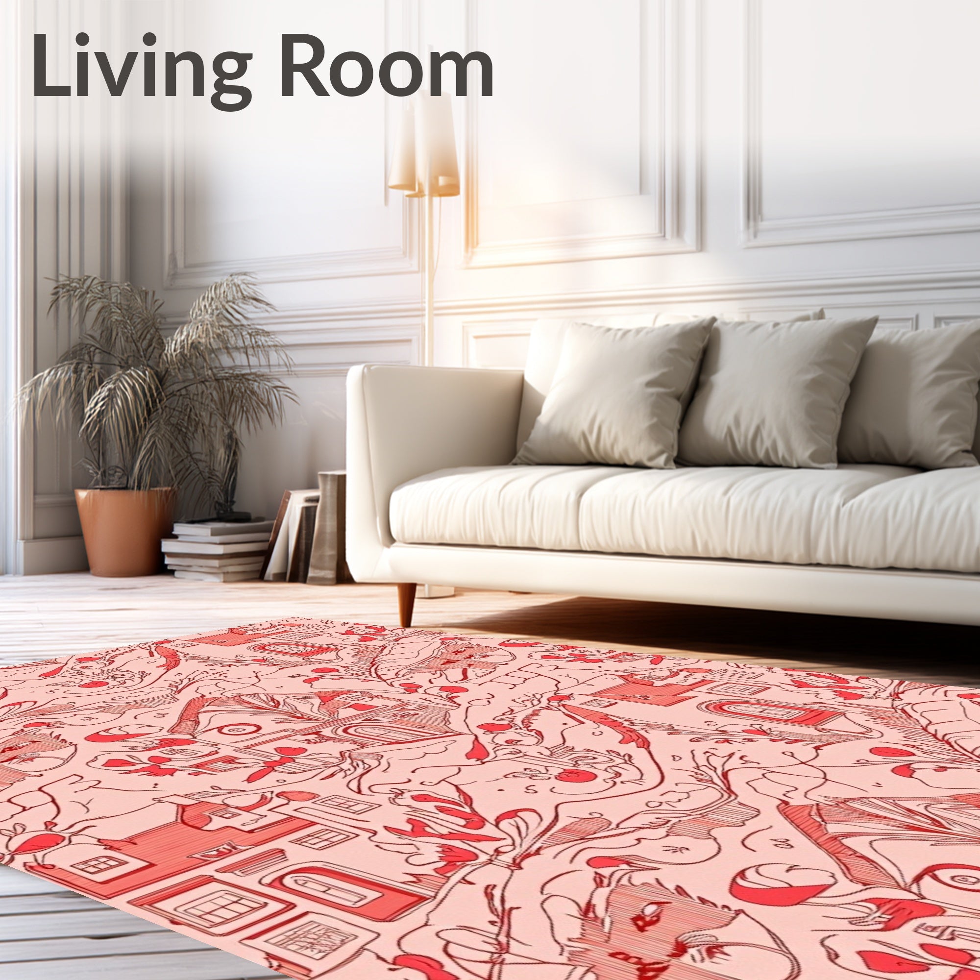 Whimsical Red Village Sketch Rug