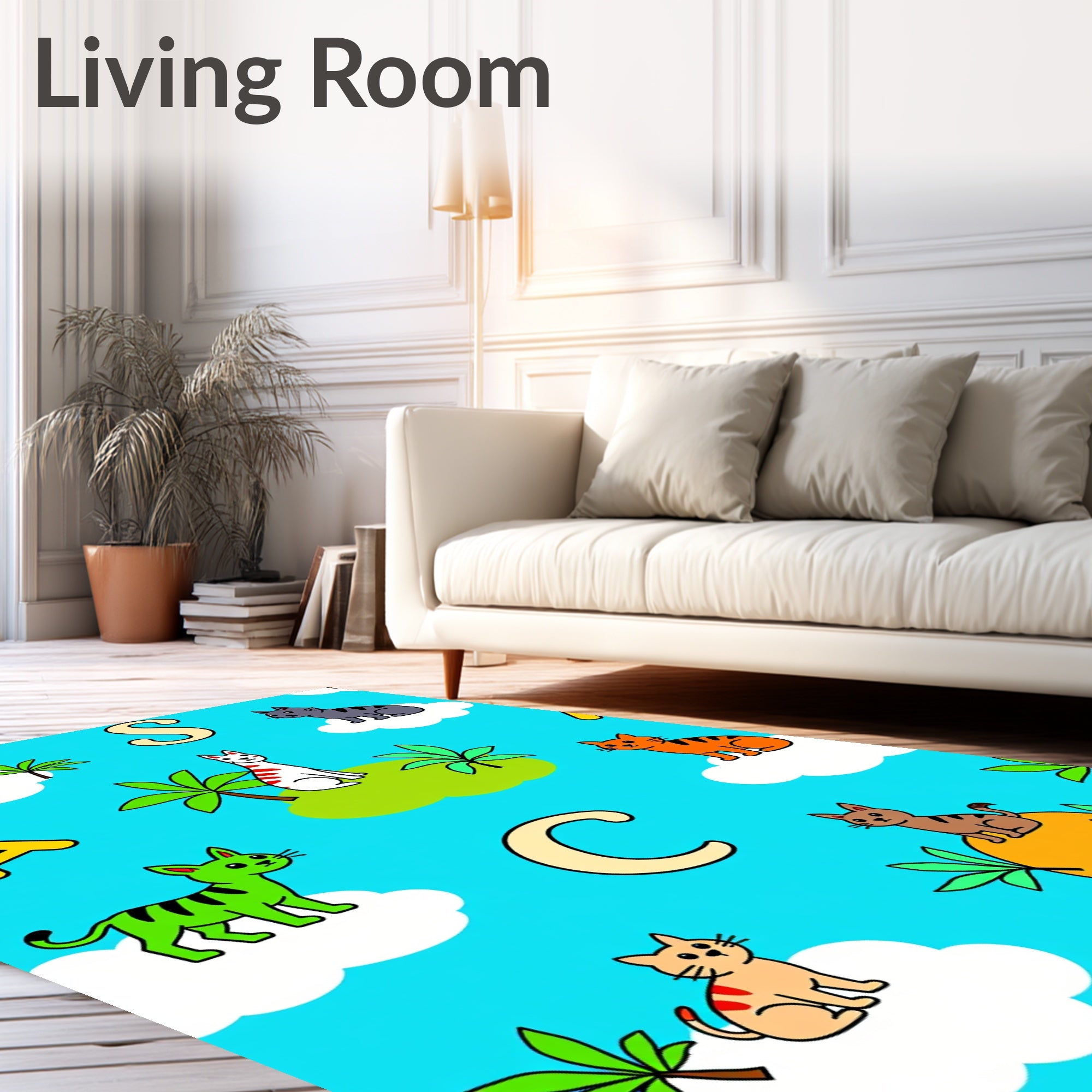Whimsical Cats Alphabet Sky Blue Rug