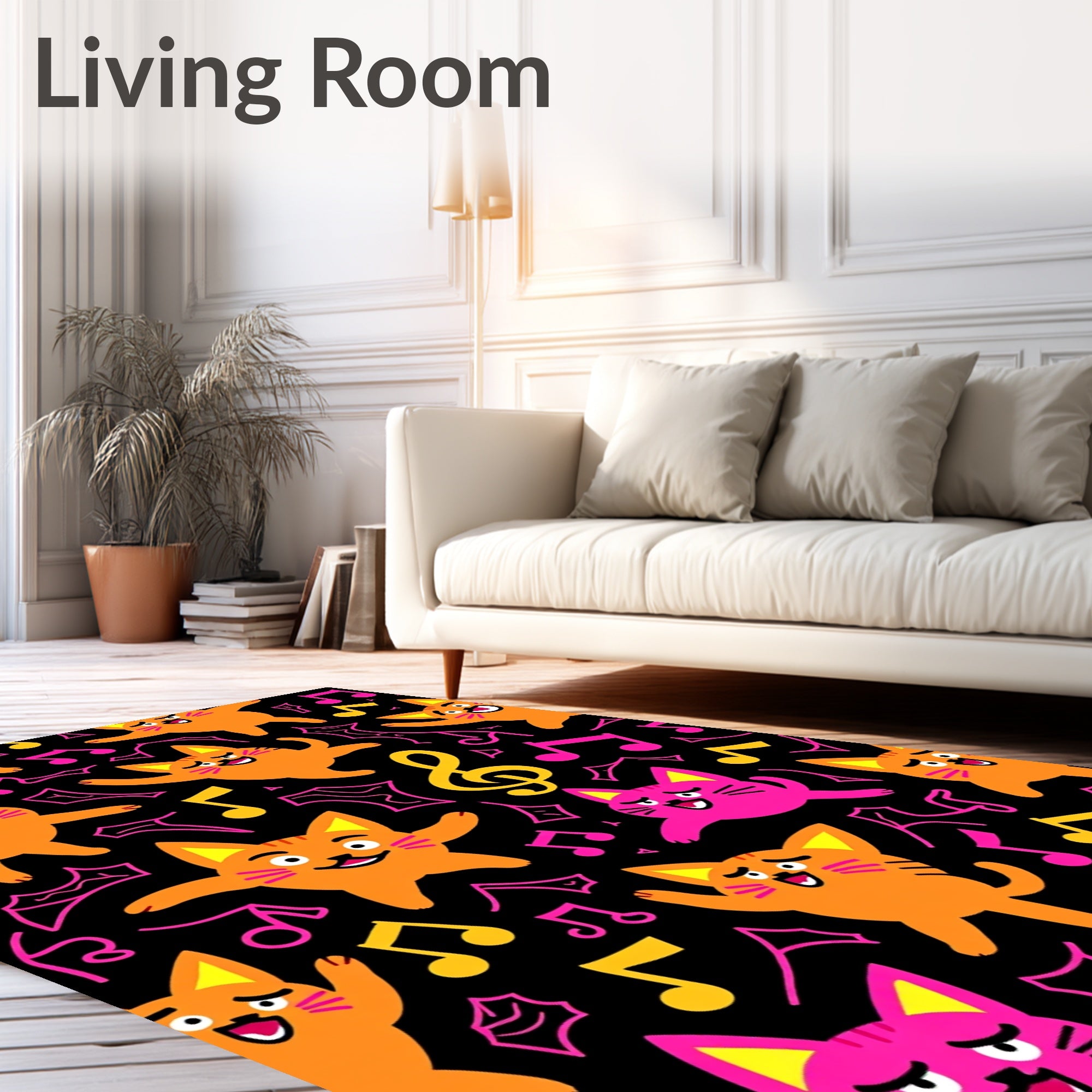 Whimsical Orange Pink Cats Music Notes Rug